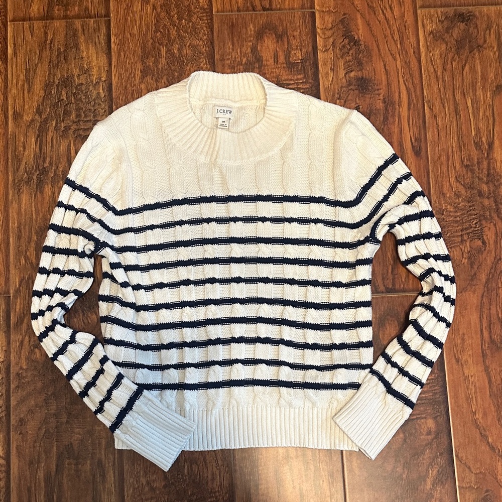 J. Crew Men's Cream and Navy Striped Crewneck Sweater